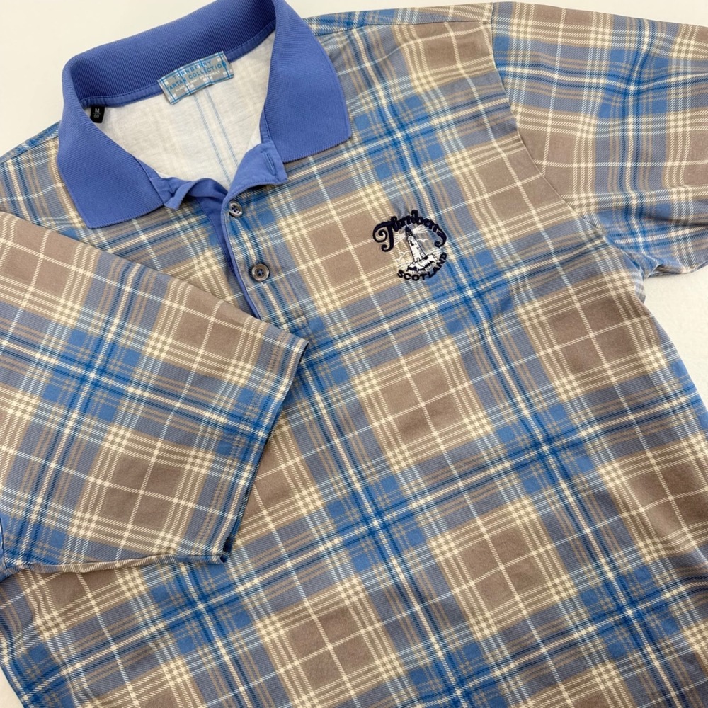 90's Turnberry Collection Polo Shirt Mens Med Blue Plaid Tartan Lighthouse VTG